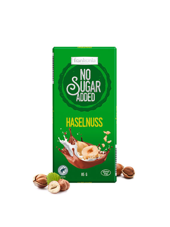 Frankonia hazelnut chocolate with no added sugar in a green cardboard packaging of 85g