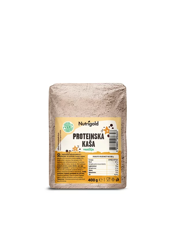 Nutrigold vanilla and blueberry protein oatmeal in a transparent packaging of 400g