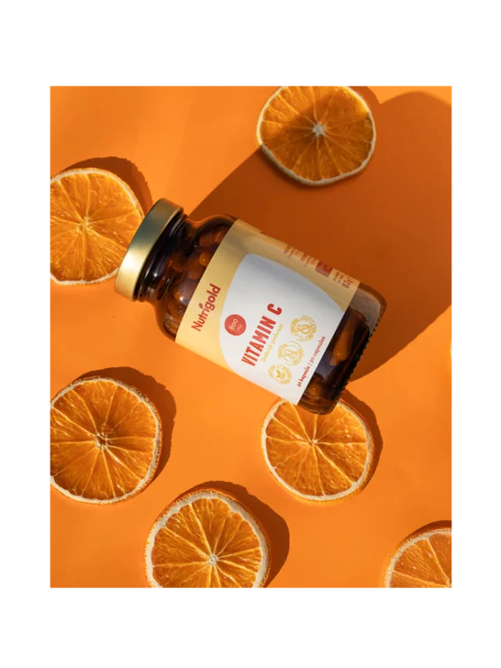 120 vegan capsules of Nutrigold vitamin C in a dark packaging