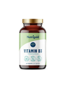 90 vegan capsules of Nutrigold vitamin D3 400 IU in a dark packaging
