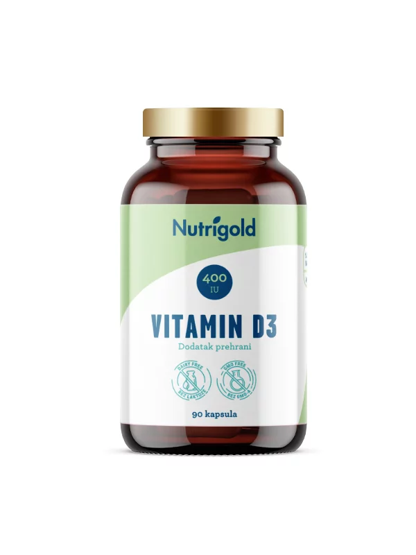 90 vegan capsules of Nutrigold vitamin D3 400 IU in a dark packaging