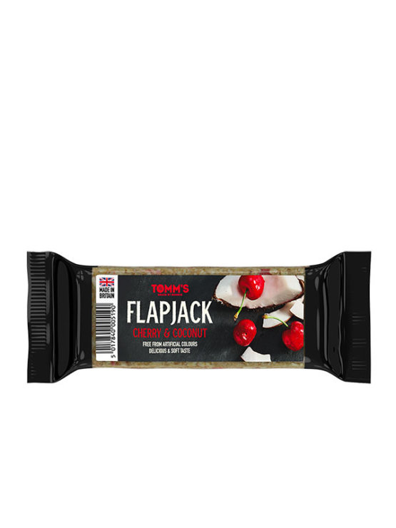 Tomm's vegan sour cherry and coconut flapjack bar in a packaging of 100g