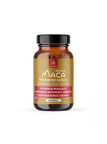 Bioandina premium mix maca complex in a glass packaging containing 60 capsules