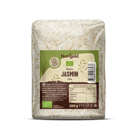 Nutrigold jasmine rice in a transparent packaging of 500g