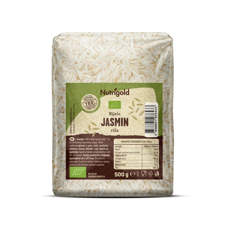 Nutrigold jasmine rice in a transparent packaging of 500g