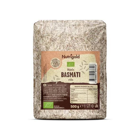 Nutrigold organic white basmati rice in a transparent packaging of 500g
