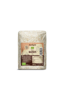 Nutrigold organic white basmati rice in a transparent packaging of 500g