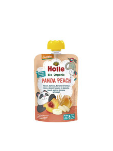 Holle organic peach, apricot and banana puree in a convenient carry-on pouch of 100ml