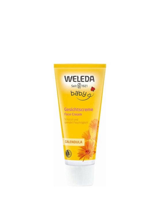 Weleda calendula baby face cream in a yellow cosmetic tube of 50ml