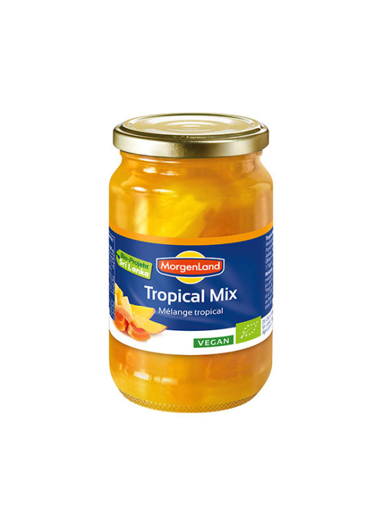 MorgenLand organic tropical mix compote in a glass jar of 360g