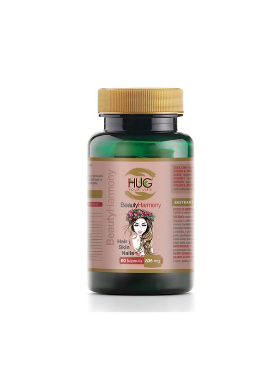 Hug Your Life beauty harmony capsules for skin, hair and nails in a packaging containing 60 capsules