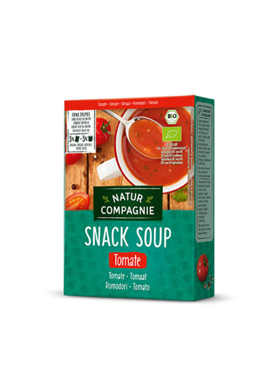 Natur Compagnie organic instant tomato soup in a cardboard packaging containing three sachets of 17g