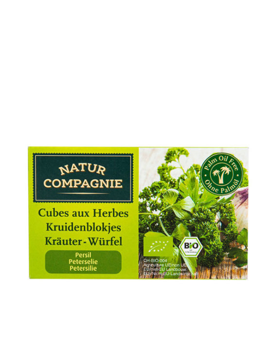 Natur Compagnie organic parsley cube in a green cardboard packaging containing 8 cubes