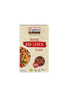 Explore Cuisine organic red lentil penne pasta in cardboard packaging of 250g