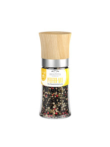 BioLotta organic four peppercorn blend in a glass grinder with wooden top
