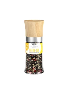 BioLotta organic four peppercorn blend in a glass grinder with wooden top