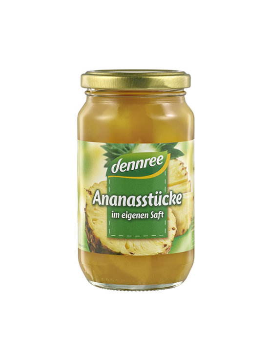 Dennree organic pineapple compote in a glass jar of 350g