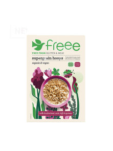 Freee organic supergrain hoops cereal in a cardboard packaging of 300g