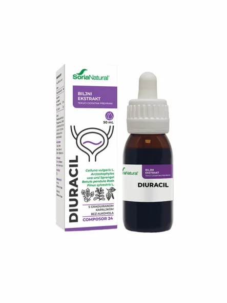Soria Natural Diuracil Complex in a cardboard packaging containing medicine bottle with dropper of 50ml