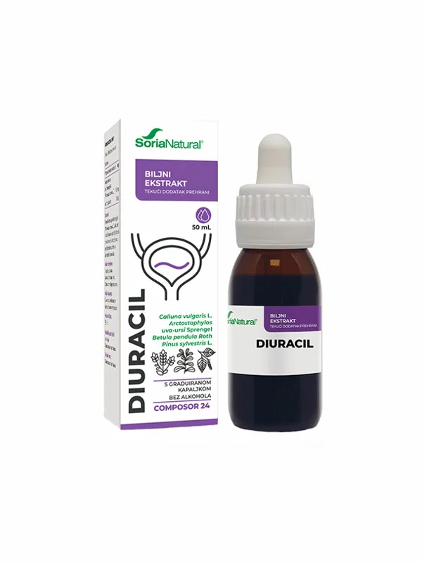 Soria Natural Diuracil Complex in a cardboard packaging containing medicine bottle with dropper of 50ml
