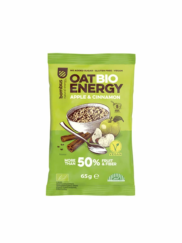 Bombus organic and gluten free apple and cinnamon oatmeal in a packaging of 65g