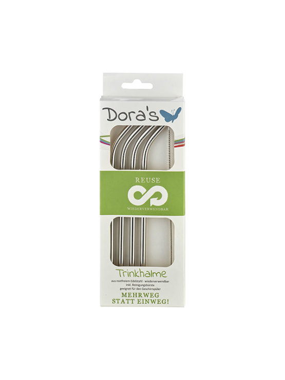 Dora's reusable metal straws in a packaging of 4 reusable straws