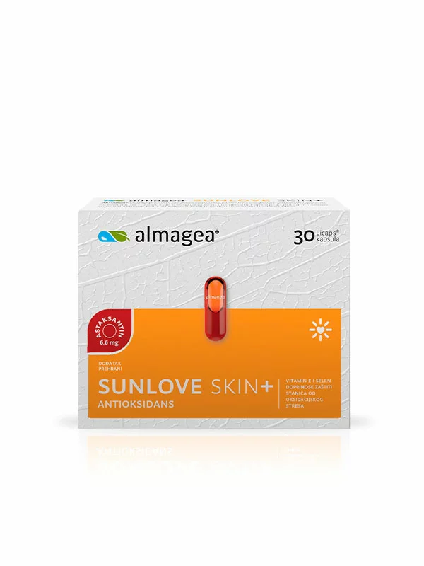 Almagea Sunlove Skin+ Antioxidant in a packaging containing 30 capsules