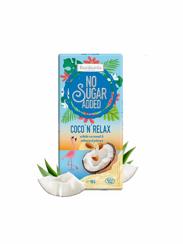Frankonia coconut and almond white chocolate with no added sugar in a packaging of 90g