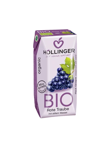 Hollinger organic black grape juice in a to-go packaging of 200ml