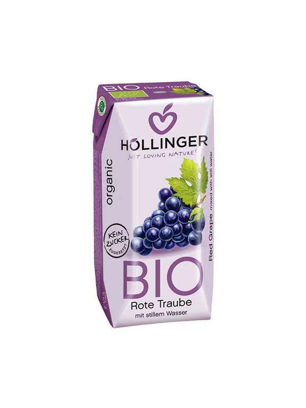 Hollinger organic black grape juice in a to-go packaging of 200ml