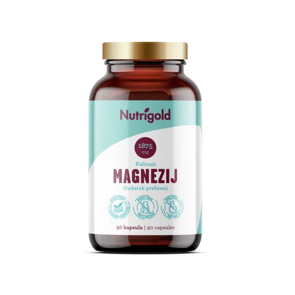 Nutrigold magnesium chelate 1875mg in a packaging containing 90 vegan capsules