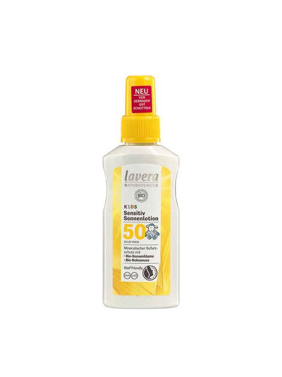 Lavera kids sensitive sun lotion spray SPF 50 in a spraying bottle of 100ml
