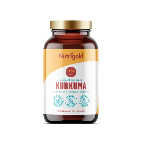 Nutrigold turmeric supplement with added ginger and bioperine in a packaging containing 90 vegan capsules