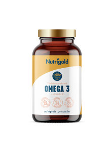 Nutrigold vegan capsules of omega 3 and vitamin E in a glass packaging containing 90 capsules