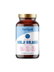 Nutrigold hydrolyzed fish collagen in a glass packaging containing 90 capsules
