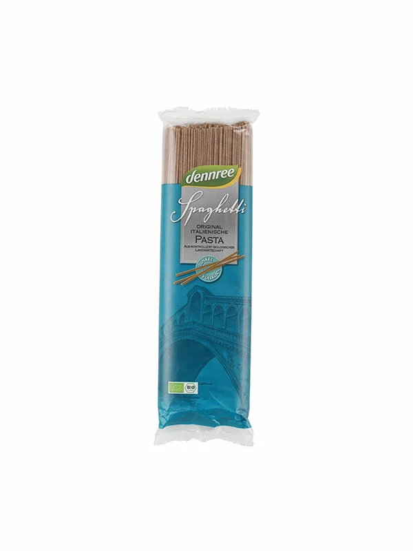 Dennree organic spelt spaghetti pasta in a packaging containing 500g