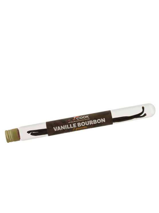 Cook organic bourbon vanilla pods in a packaging containing 2 pods