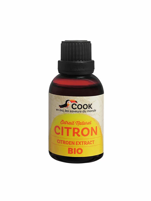Cook organic lemon extract in a dark bottle of 50ml