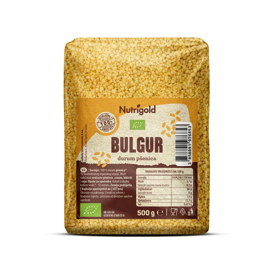Nutrigold organic bulgur in a transparent packaging of 500g