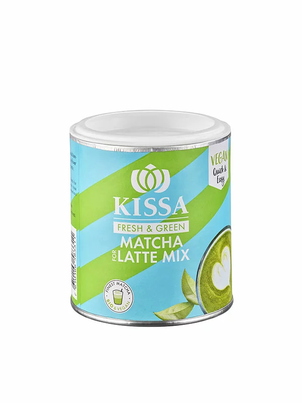 Kissa organic matcha latte mix in a resealable cardboard packaging of 120g