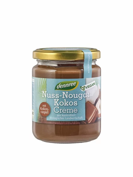 Dennree organic hazelnut spread with coconut in a glass jar of 250g