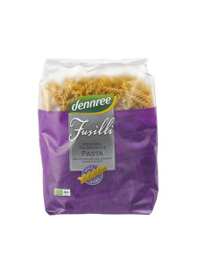 Dennree organic whole grain wheat fusilli pasta in a purple packaging of 1000g