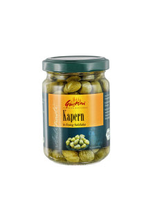 Gustoni organic capers in brine. Packaging contains 140g of capers in a glass jar.