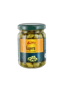 Gustoni organic capers in brine. Packaging contains 140g of capers in a glass jar.