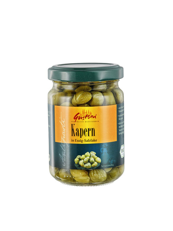 Gustoni organic capers in brine. Packaging contains 140g of capers in a glass jar.