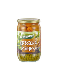 Dennree organic peas and carrots in water packaged in a glass jar containing 680g