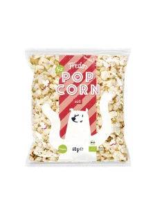 Fredo´s organic sweet popcorn in a colourful packaging of 60g