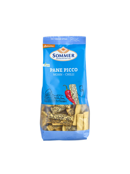 Sommer organic pane picco poppy seed and chili snack in a blue packaging of 150g