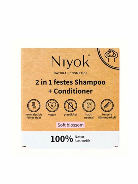 Niyok soft blossom hair shampoo & conditioner in a cardboard packaging containing hard soap bar of 80g