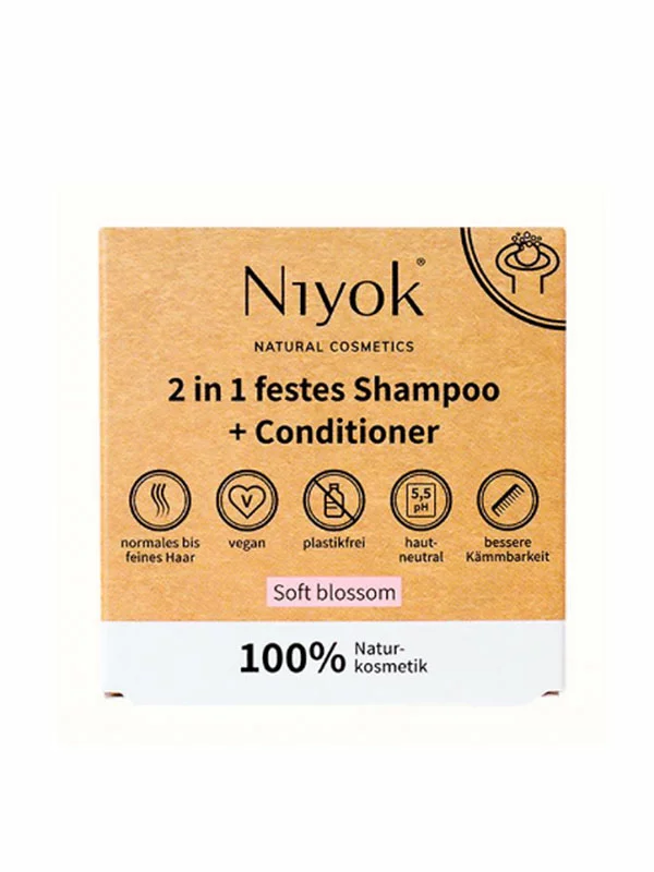 Niyok soft blossom hair shampoo & conditioner in a cardboard packaging containing hard soap bar of 80g